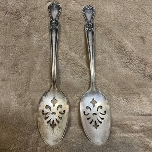 Pair (2) Old Company Plate Silverplated Serving Spoons Rose Pattern "C" Monogram